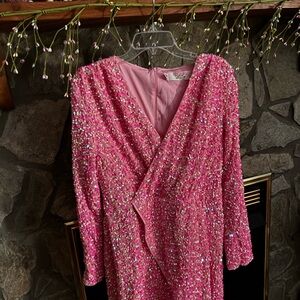 Pink Sequin Long-Sleeve Wrap Dress